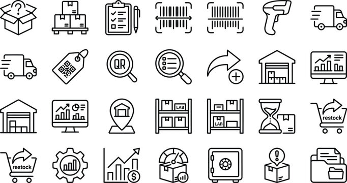 Logistics and Inventory Icons Set Linear Style Black on White