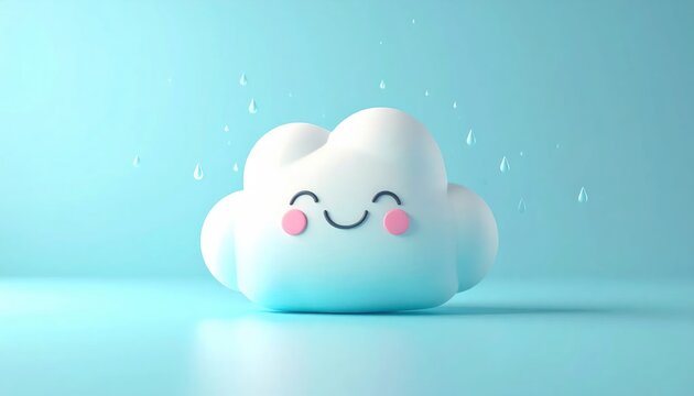 A cheerful white cloud with rosy cheeks smiles as gentle raindrops fall. Blue background
