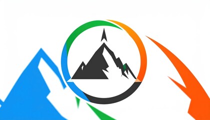 Fototapeta premium A stylized mountain peak graphic within a multi-colored circular frame and flanking mountain silhouettes