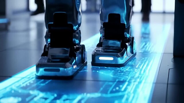 Futuristic low-angle view of dark boots on a circuit board patterned floor