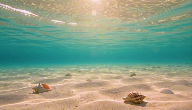 sunlight ripples dancing over white sand and minimalist sea shells in shallow tropical lagoon perfect for summer
