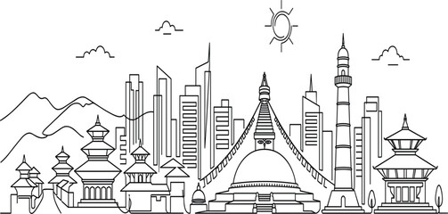 Obraz premium Nepal Landmark Skyline Outline Illustration with Kathmandu Architecture, Temples, Mountains, Modern Buildings, and Cultural Monument Line Art Vector Design