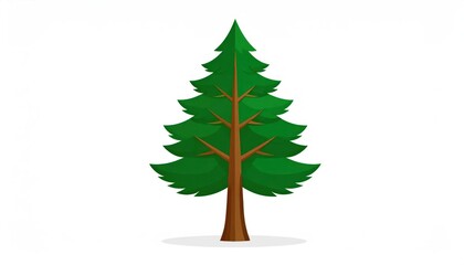 Obraz premium A cartoon-style evergreen tree with a brown trunk, green branches, and a white background