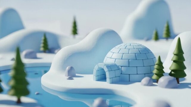 3D Stylized Low Poly Igloo in Snowy Winter Landscape with Pine Trees and Frozen Pond, Cute Cartoon Winter Scene for Holiday Greeting Card or Seasonal Background Design