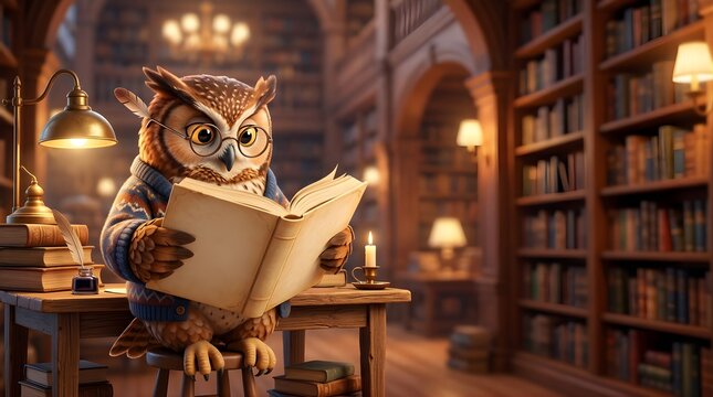 Wise owl character reading a book in a vintage library for student study