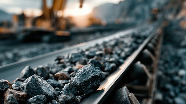 Close-up of railroad tracks with gravel stones, capturing a low-angle perspective during sunset in a mountainous area.