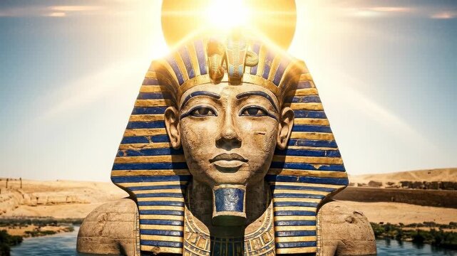 A majestic pharaoh's headdress adorns an ancient stone bust, set against a backdrop of sun-drenched desert and the life-giving Nile River, evoking the grandeur and mystique of Egyptian civilization.