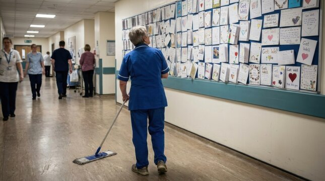 School Custodian Mopping Hallway While Students Walk By