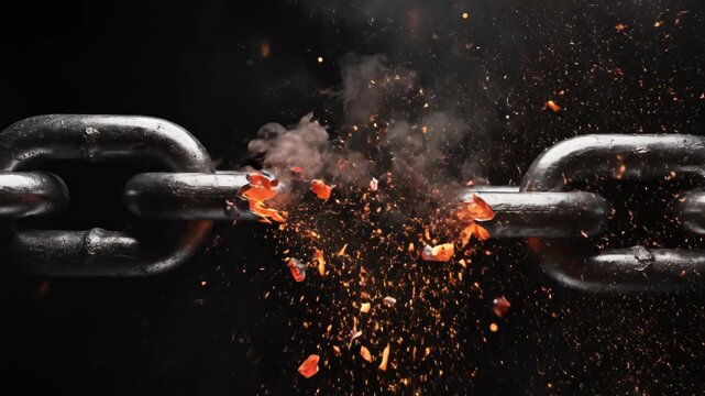 Metal chain link breaking with sparks emphasizing sleek aesthetics and strong visual impact