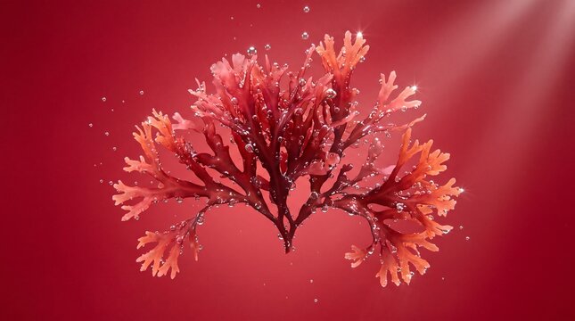 Fresh red algae seaweed floating in clear water against a red background