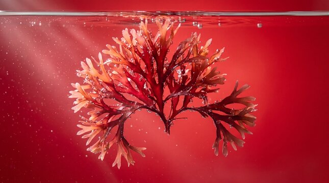 Fresh red algae seaweed floating in clear water against a red background
