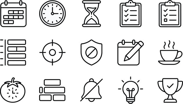Line art icons set featuring calendar clock hourglass and other symbols