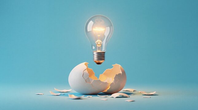 Glowing light bulb floating out of a broken white eggshell on blue background