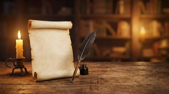 Blank vintage parchment scroll with quill pen and candle on wooden table