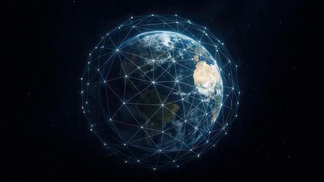 Earth encased in glowing geometric network of interconnected nodes space