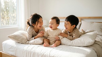 Fototapeta premium Happy asian siblings laughing on a cozy bed in a bright bedroom. Family bonding and childhood playtime in a warm home setting with soft morning light.