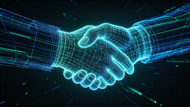 Glowing neon blue wireframe hands shaking in dark cyberspace, business partnership and smart contract concept.