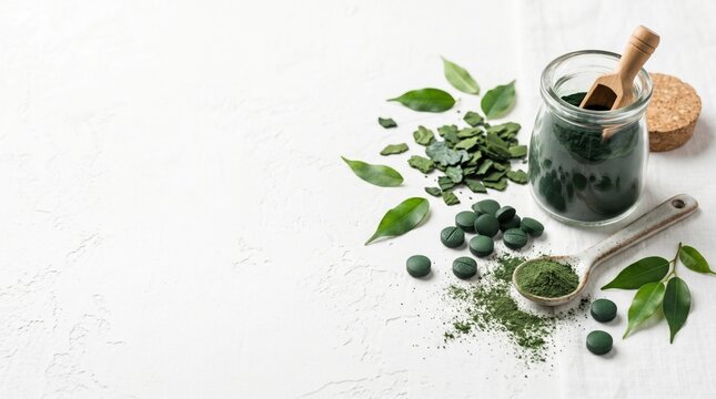 Green spirulina powder in glass jar with wooden scoop and tablets on white textured background. Natural superfood supplement arrangement with leaves spoon and copy space for wellness nutrition concept