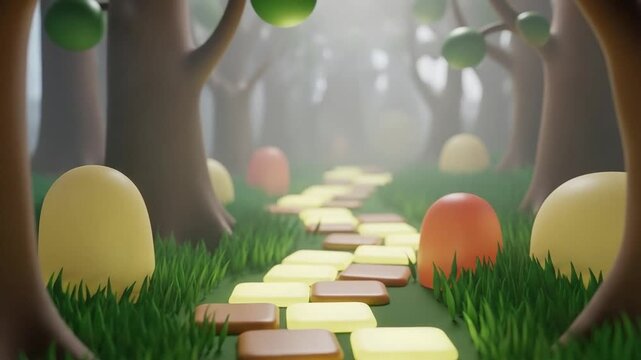 Stylized 3D Forest Path with Glowing Stones and Soft Lighting for Fantasy Game Backgrounds and Whimsical Storytelling Concepts
