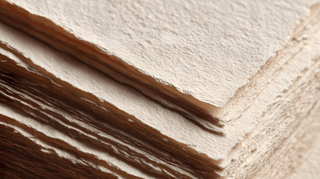 Handmade paper texture deckle edge stack natural fiber sheets with soft warm tone and subtle depth, artistic craft background for stationery packaging wedding invites and textured art