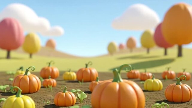 Stylized 3D Rendered Pumpkin Patch Field for Autumn Harvest Concept Cute Cartoonish Fall Vegetables Background for Seasonal Greeting Cards and Thanksgiving Design Projects