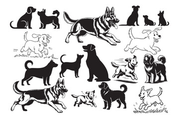 Fototapeta premium A diverse collection of playful dog silhouettes and detailed illustrations featuring various breeds in different poses