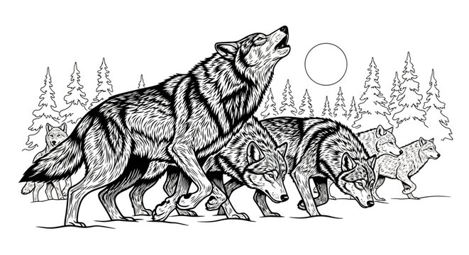 Group of wolves howling under moon in forest illustration