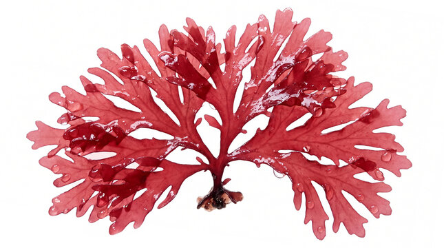 Rhodymenia pseudopalmata red seaweed isolated on white. Leafy red algae.