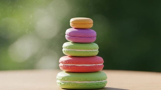 Stack of colorful French macarons on a wooden table, gourmet dessert tower for bakery menu, sweet pastry concept for food photography and cafe marketing background