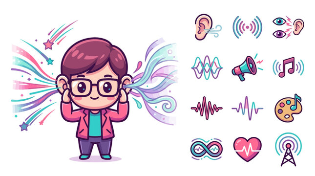 Vector illustration of a cute chibi boy with glasses touching his ears, surrounded by colorful sound waves and stars, including sensory and auditory icons for hearing and music.