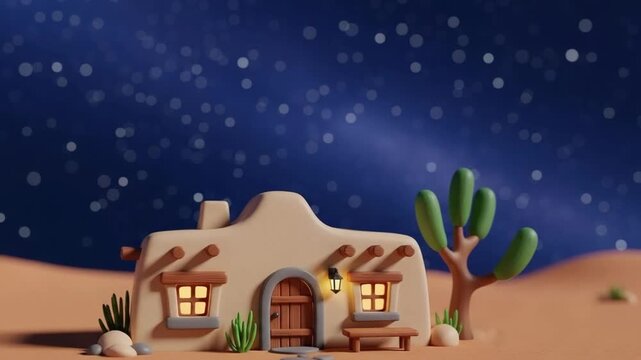 Stylized 3D Adobe House in Desert at Night with Cactus and Starry Sky, Miniature Clay Style Architecture Illustration for Southwestern Home Decor Concept