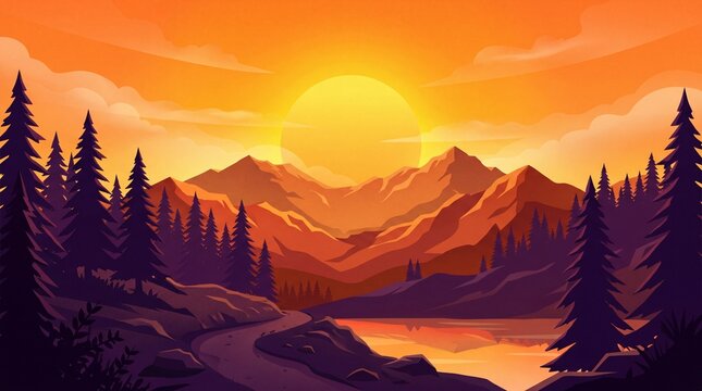 Vibrant sunset over serene mountain landscape with pine trees and winding river