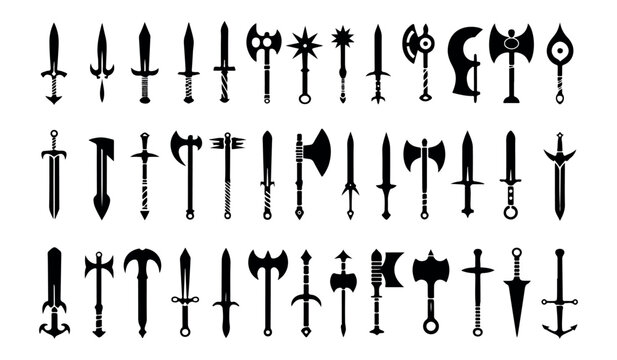 A diverse collection of various medieval weapons like swords axes and maces displayed in rows