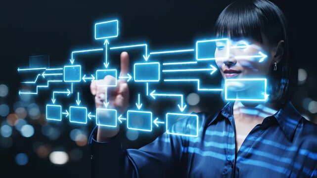 Woman interacting with digital flowchart perfect for IT presentations and tech marketing