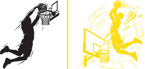 Dynamic vector illustrations of a basketball player jumping high for an energetic slam dunk. Features sharp speed bursts, an action line art black graphic, and a yellow silhouette on a white backgroun © Muhammad