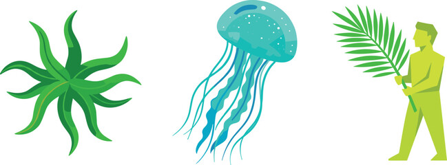 Ocean Marine Life Vector Set with Seaweed Plant, Blue Jellyfish and Man Holding Palm Leaf for Sea, Underwater, Tropical, Aquatic, Nature and Environment Illustration Designs © munzuara