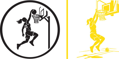 Dynamic vector illustrations of female basketball players leaping high for a powerful slam dunk. Features a black round badge logo graphic and a yellow silhouette scene isolated on a white background. © Muhammad