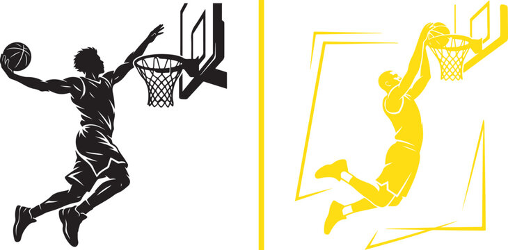 A split vector illustration showing a basketball player flying up for a dunk; features a detailed black silhouette with a trailing leg on the left, and a bright yellow geometric line-art pose on the r