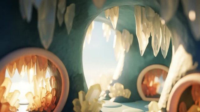 Stylized Fantasy Crystal Cave Interior with Glowing Gemstones and Circular Portals for Magical Game Environment Design and Surreal Digital Art Backgrounds