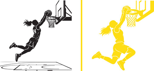Dynamic vector illustrations of female basketball players soaring high for a powerful slam dunk. Features a detailed court floor scene sketch and a yellow silhouette isolated on a white background. © Muhammad
