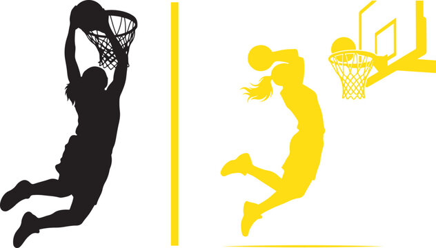 A split vector design of a female basketball player with a ponytail; features a solid black silhouette hanging on the rim and a bright yellow graphic soaring toward the backboard.