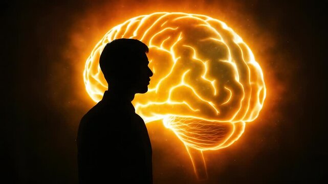 Silhouette of man facing glowing neon brain against dark backdrop