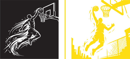 Dynamic vector illustrations of basketball players leaping for a powerful slam dunk. Features a stylized white-on-black motion line graphic and a yellow street court scene on a white background. © Muhammad