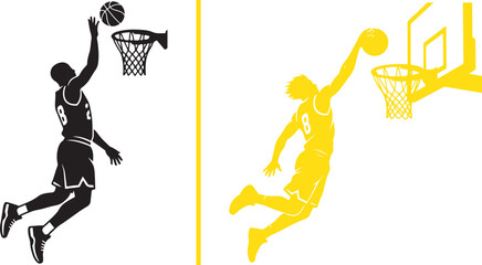 Dynamic vector illustrations of basketball players reaching high for a shot and a powerful one-handed slam dunk. Minimalist black and yellow sports silhouettes isolated on a white background. © Muhammad