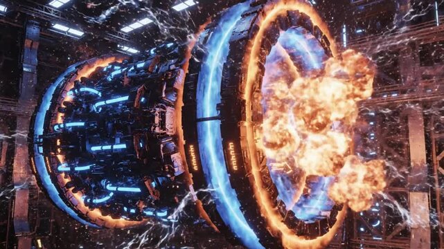Massive futuristic reactor generating abstract energy waves with rotating plasma rings