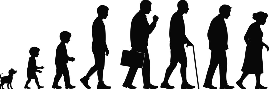 Black silhouettes of a dog child boy teenager man elderly man and elderly woman walking puppy