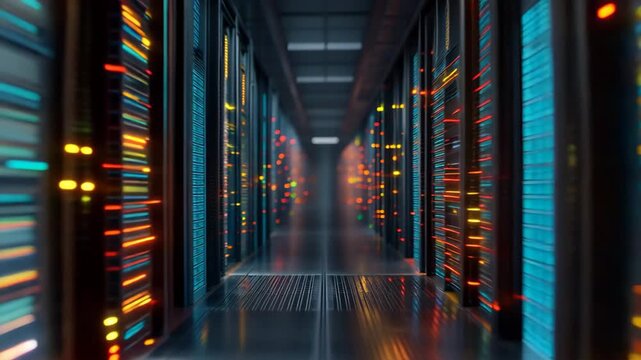 Futuristic data center shows glowing digital binary codes flowing through rows of servers in a nighttime setting