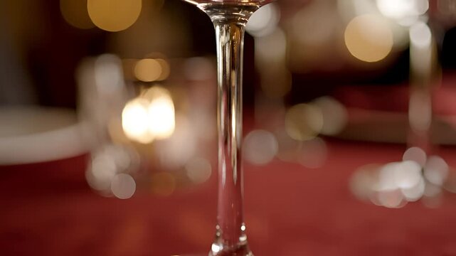 Close up of a clear wine glass stem on a red tablecloth with bokeh lights.
