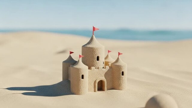 Small Sandcastle with Red Flags on Sunny Beach Shoreline, Summer Vacation Concept for Travel Advertising and Childhood Playful Creativity Background