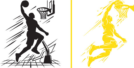 Dynamic vector illustrations of a basketball player jumping high for an energetic slam dunk. Features sharp speed lines, a black graphic court scene, and a yellow silhouette on a white background. © Muhammad